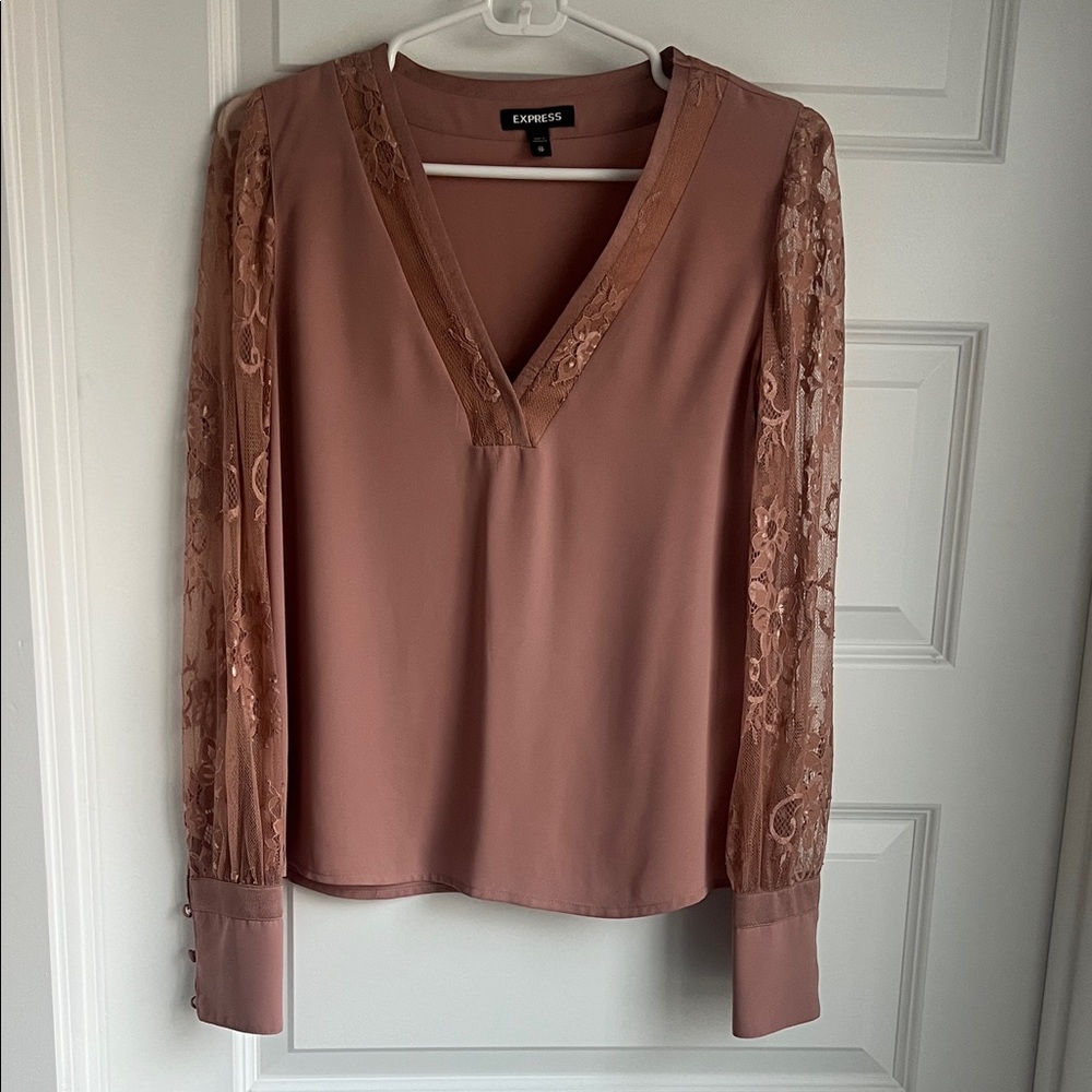 Express Women's Blouse with Lace Sleeves - Mauve